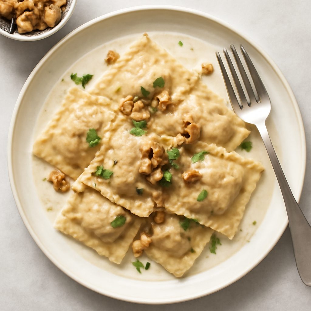 Ravioli proteici alle noci con salsa allo Champagne fit