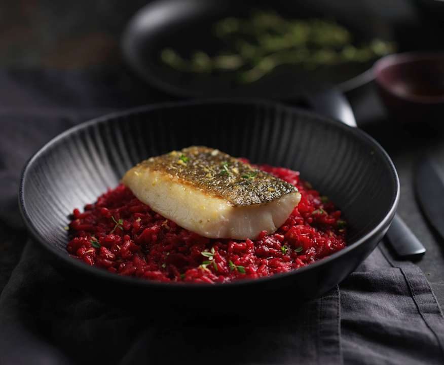 Risotto alla barbabietola con merluzzo sottovuoto Protein