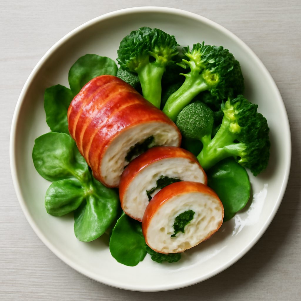 Rotolo di pollo e speck proteico low-carb con salsa al cipollotto