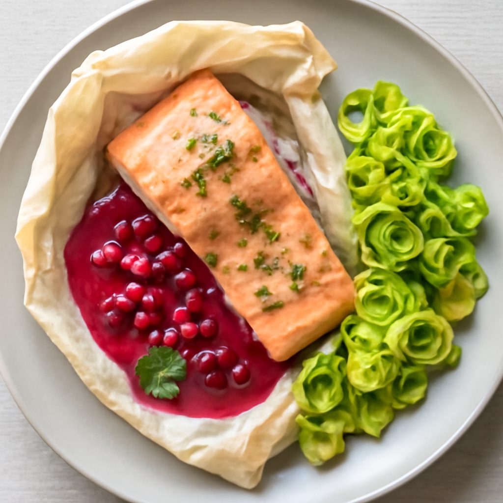 Salmone al cartoccio con salsa al melograno e porri fit