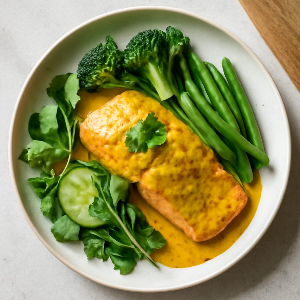 Salmone al curry proteico con verdure invernali low-carb