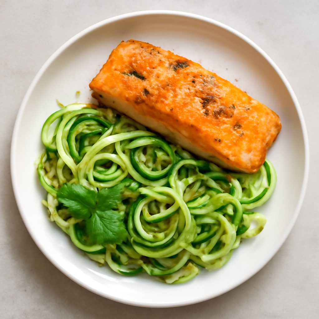 Salmone al forno con tagliatelle di zucchine proteico low-carb