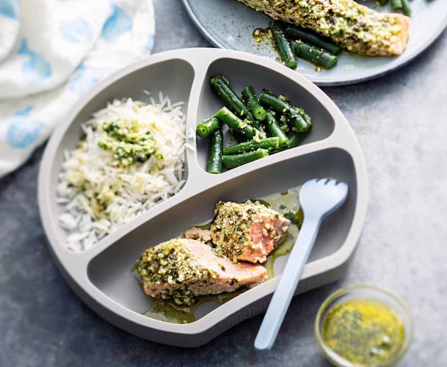 Salmone al pesto con fagiolini e riso al vapore Low Fat