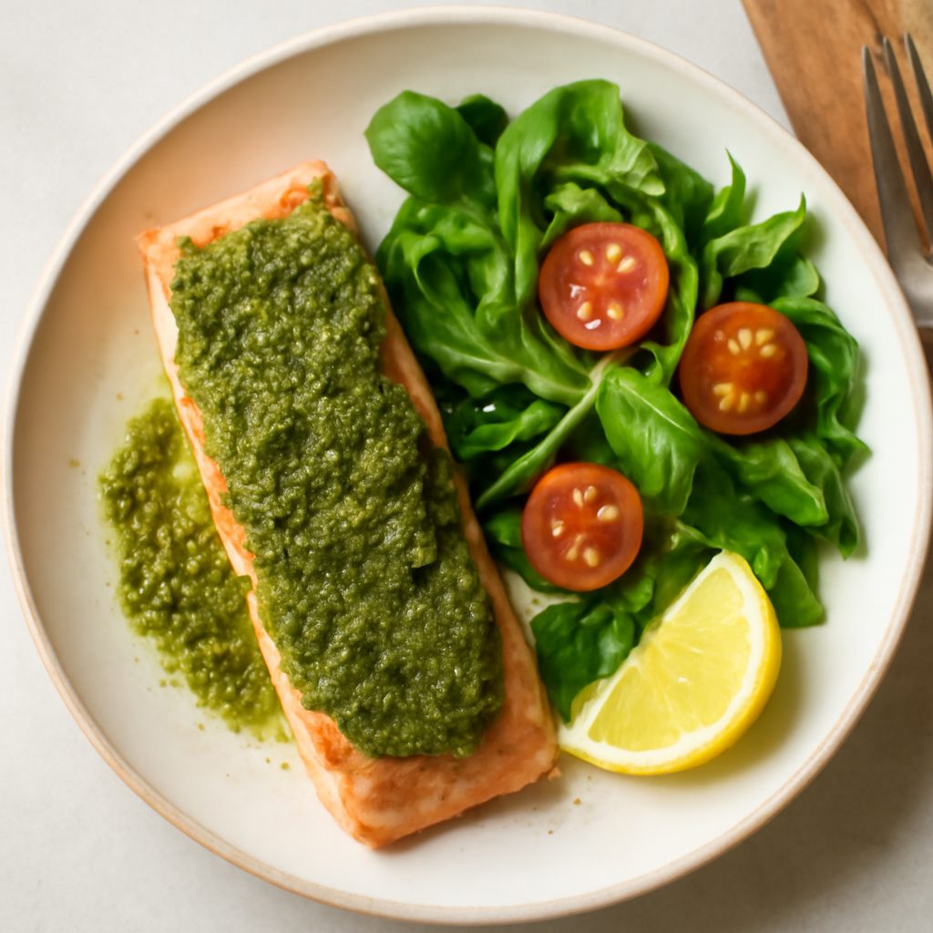 Salmone al pesto con zucchine e funghi