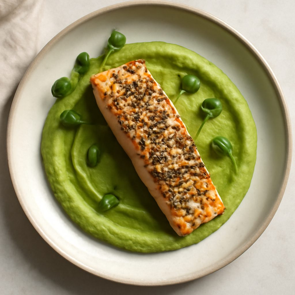 Salmone al sesamo e crema di piselli proteico low-carb