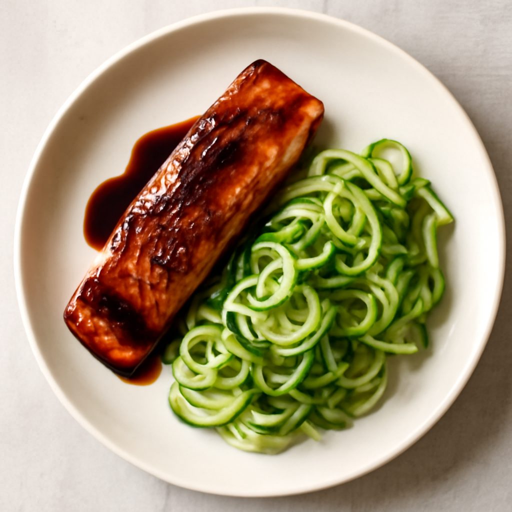 Salmone all'aceto balsamico con spaghetti di zucchina proteico low-carb