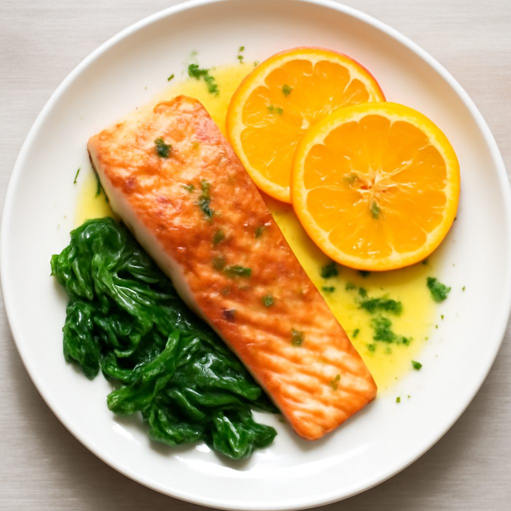 Salmone all'arancia proteico con broccoli low-carb