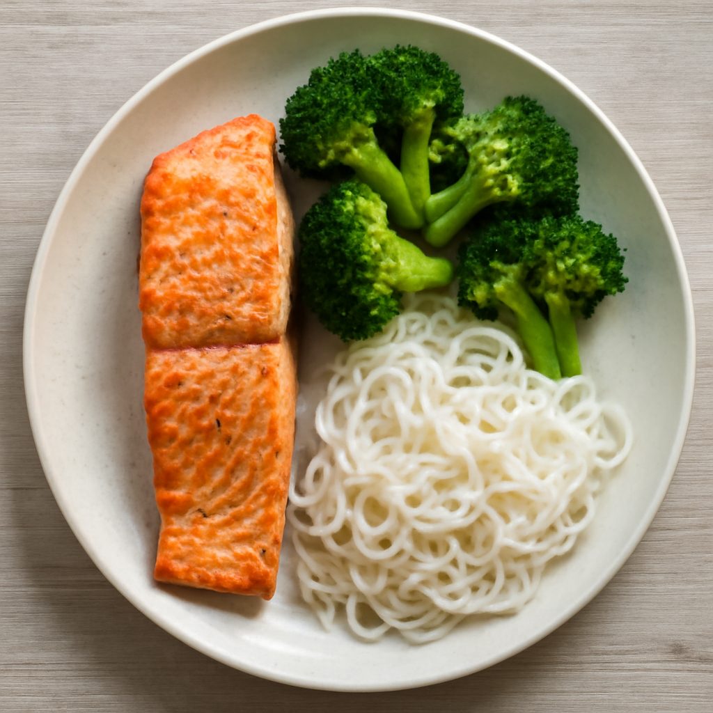 Salmone con broccoli e shirataki