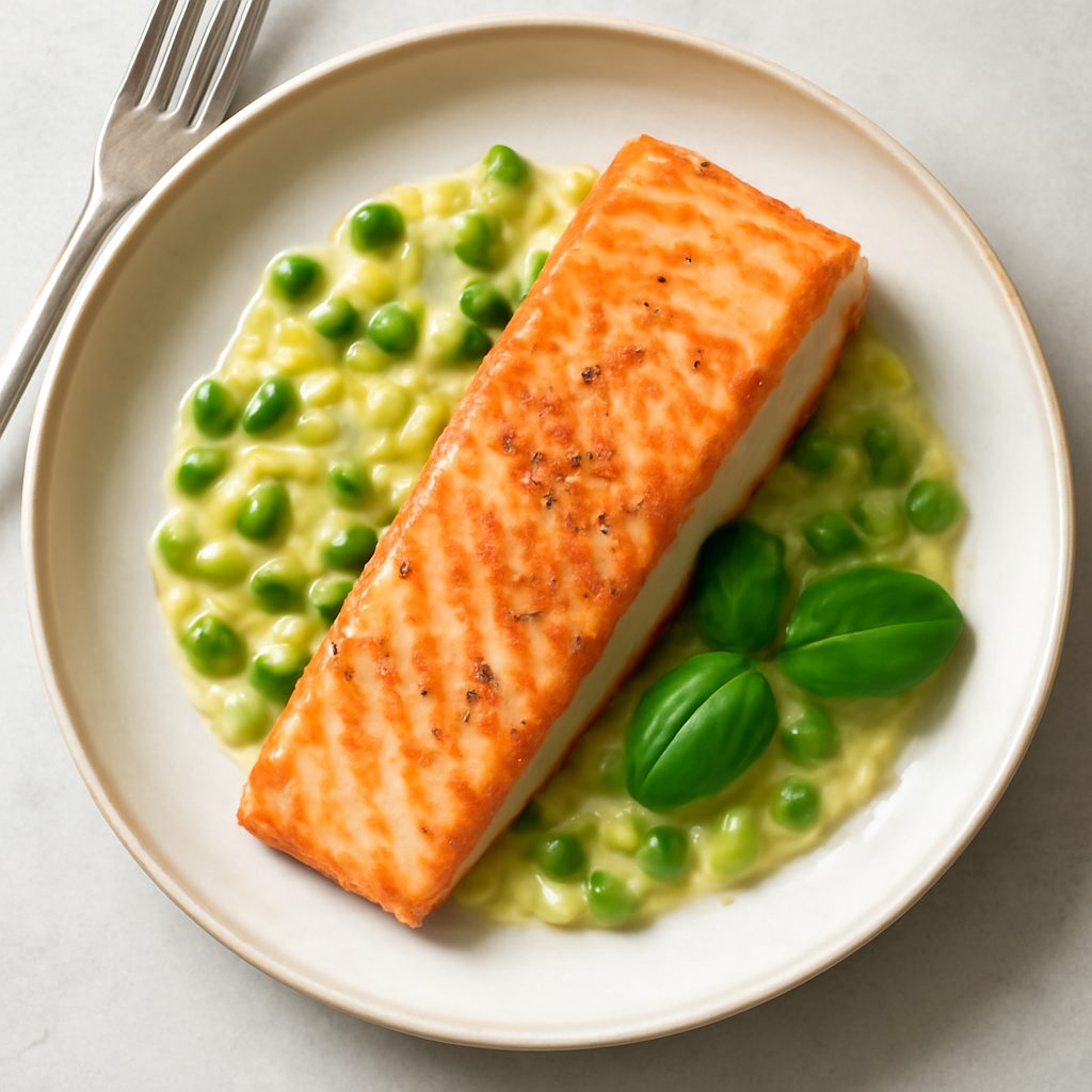 Salmone con salsa ai porri e piselli proteico low-carb