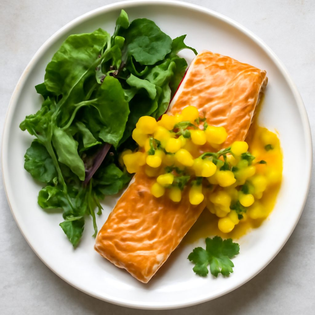 Salmone con salsa al mango , taccole e carote