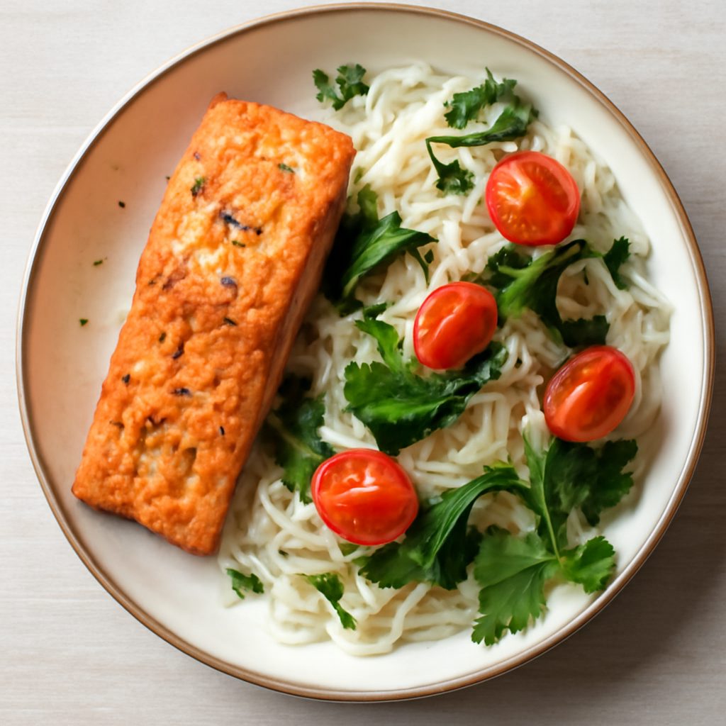 Salmone e shirataki con salsa all'aneto