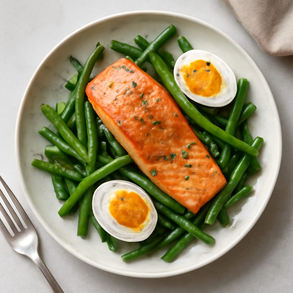 Salmone fresco in insalata di fagiolini e uova proteico low-carb
