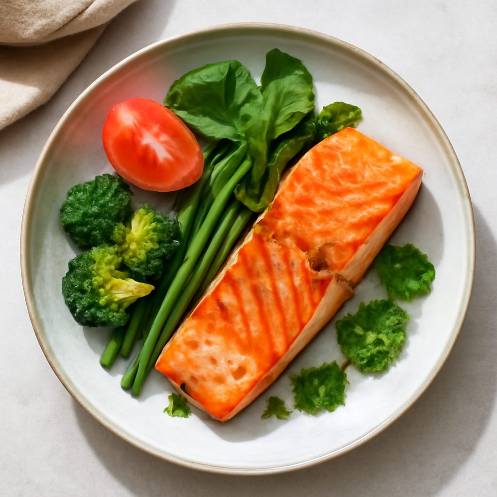 Salmone con salsa olandese al limone, asparagi e riso di zucchine