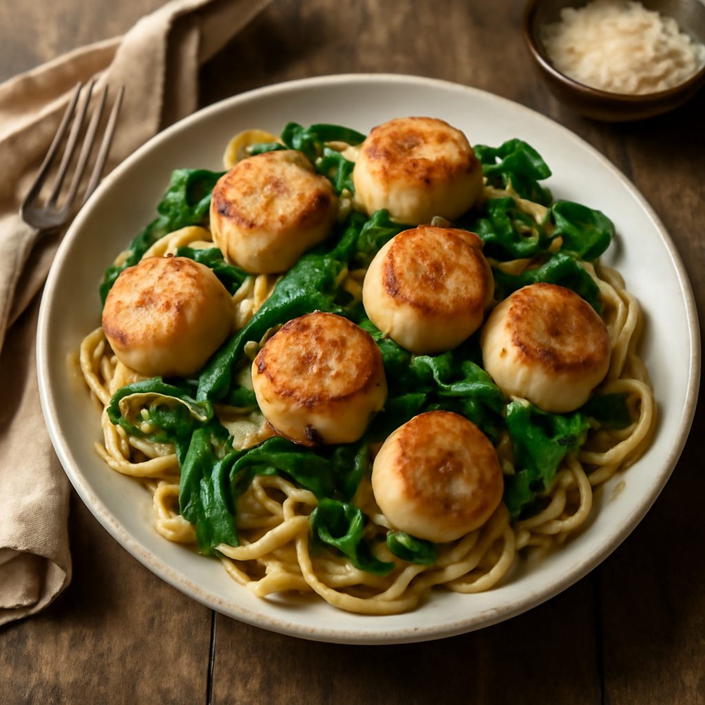 Capesante e Spinaci al Limone su Pasta