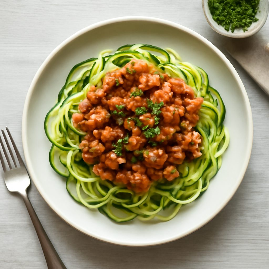 Spaghetti di zucchine con ragù di tacchino proteico low-carb