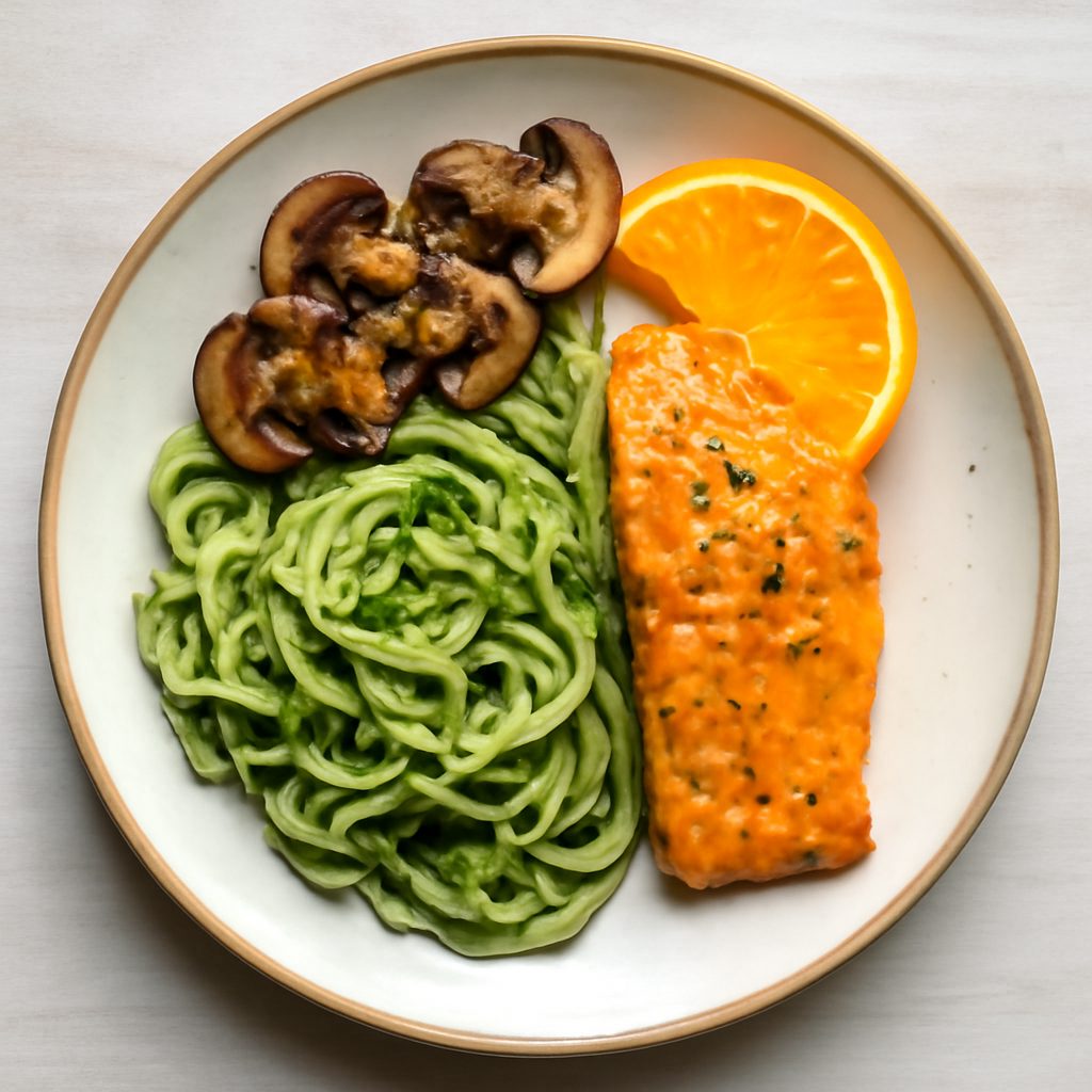 Spaghetti di zucchine con salmone all'arancia e funghi Protein