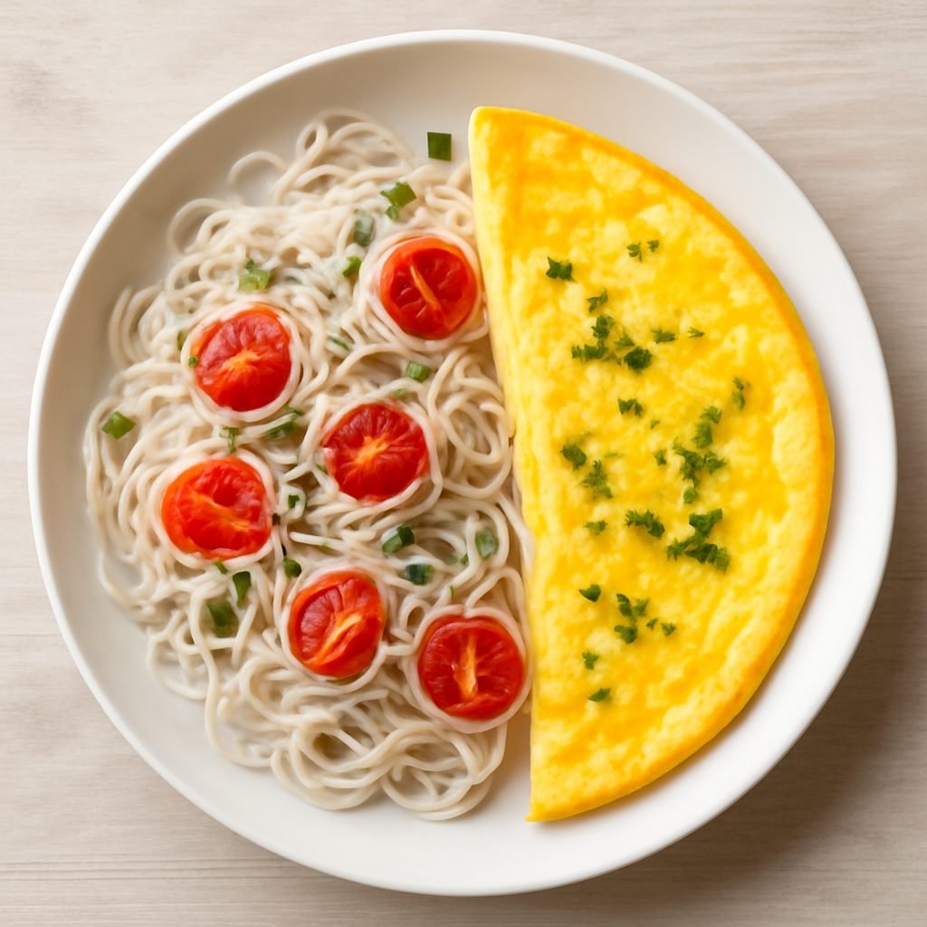 Spaghetti Shirataki con omelette e pollo al vapore Low Carb