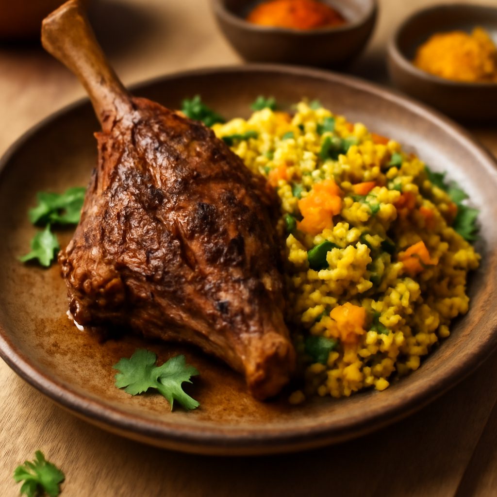 Spalla d'agnello marocchina light con albicocche e ceci