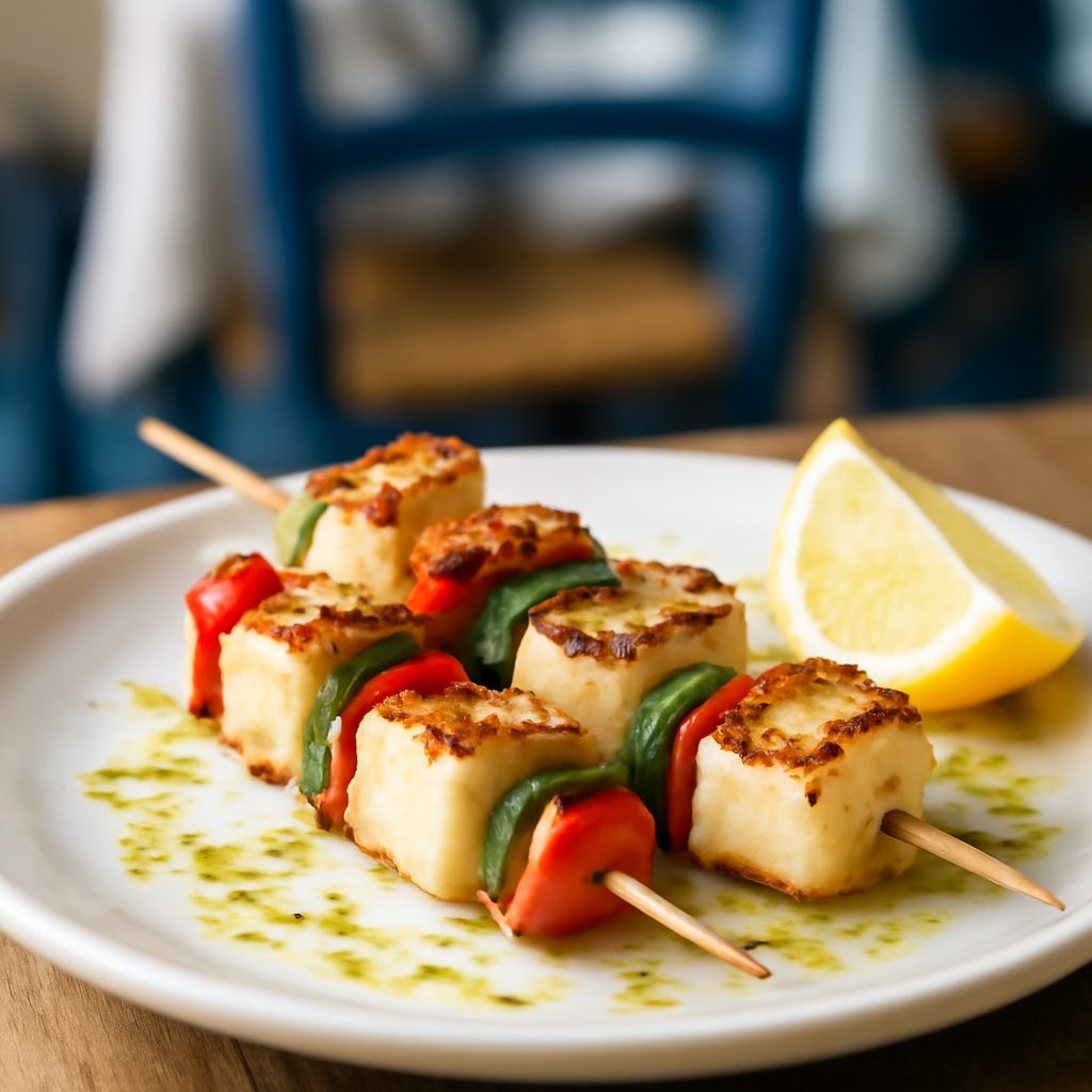 Spiedini di Halloumi Grigliati con Pomodorini e Riduzione Balsamica