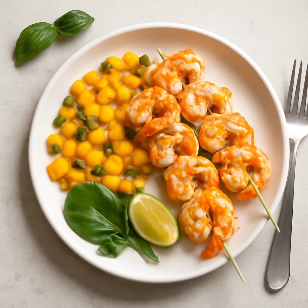 Spiedini di mazzancolle con salsa al mango proteici low-carb