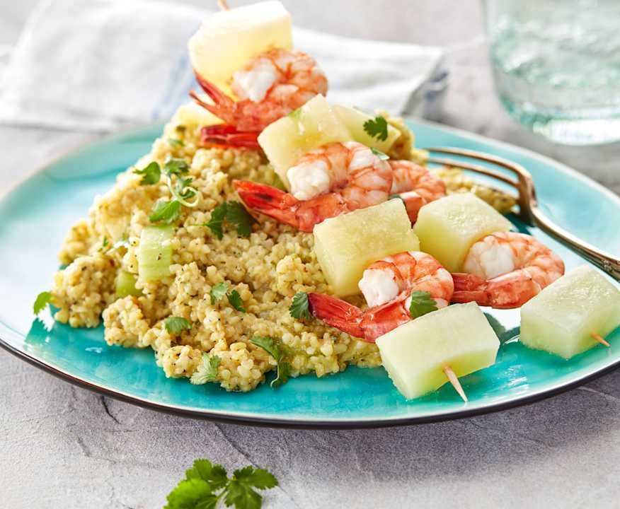 Spiedini di melone e scampi con bulgur Low Fat