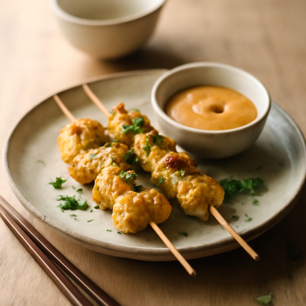Spiedini di pollo al curry con salsa di arachidi light