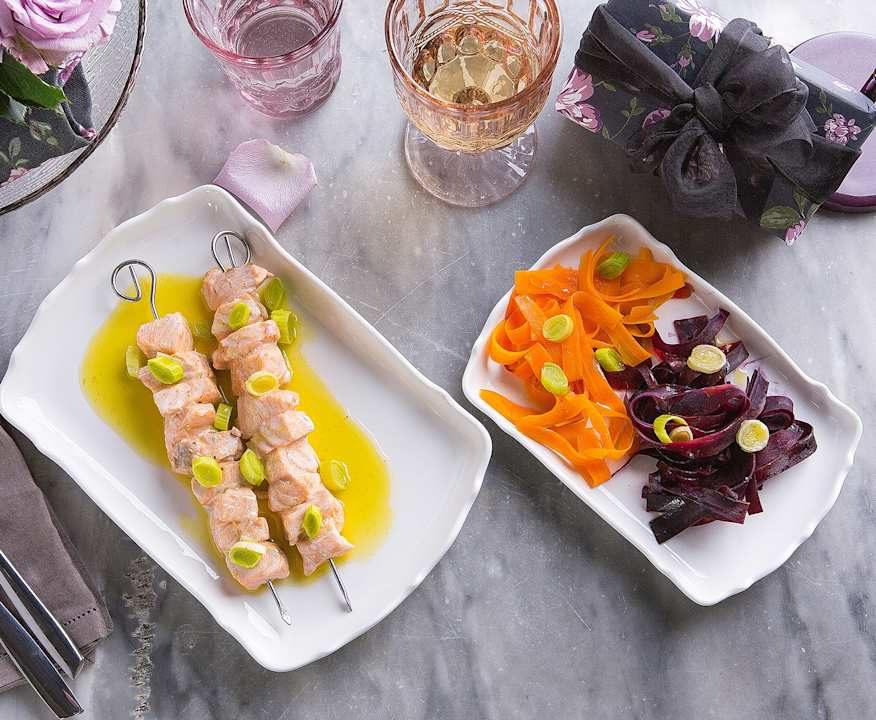 Spiedini di salmone con salsa miele e zenzero (per 2 persone) (senza glutine) Low Carb