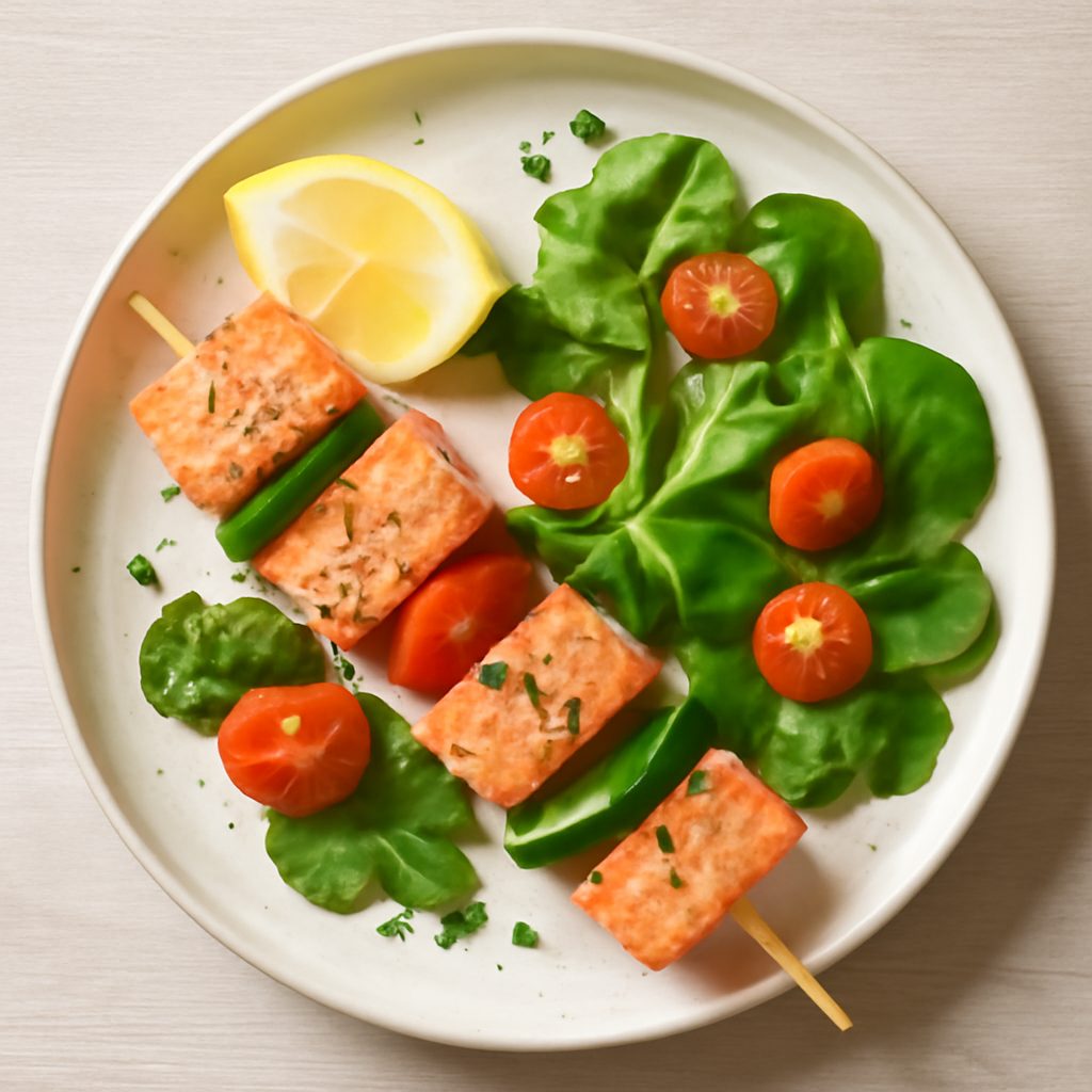 Spiedini di salmone con riso di cavolfiore e asparagi