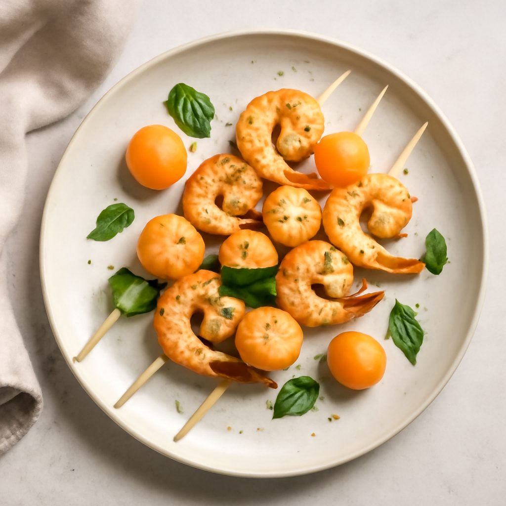 Spiedini di scampi e melone con cavolfiore