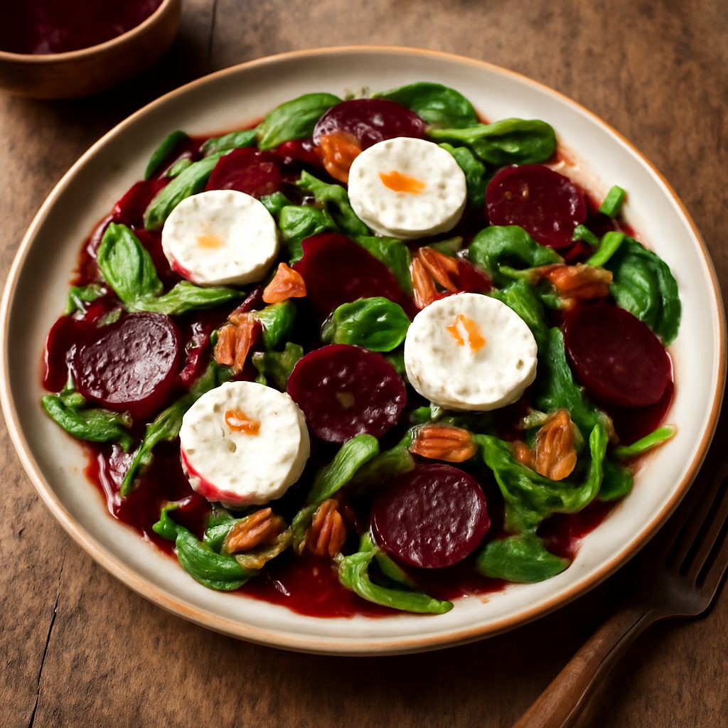 Insalata di Spinaci e Formaggio di Capra con Vinaigrette di Barbabietole