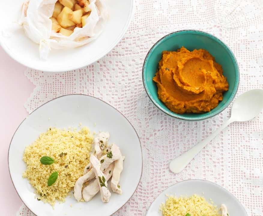 Straccetti di pollo con cous cous, purea di carote e mela Low Fat