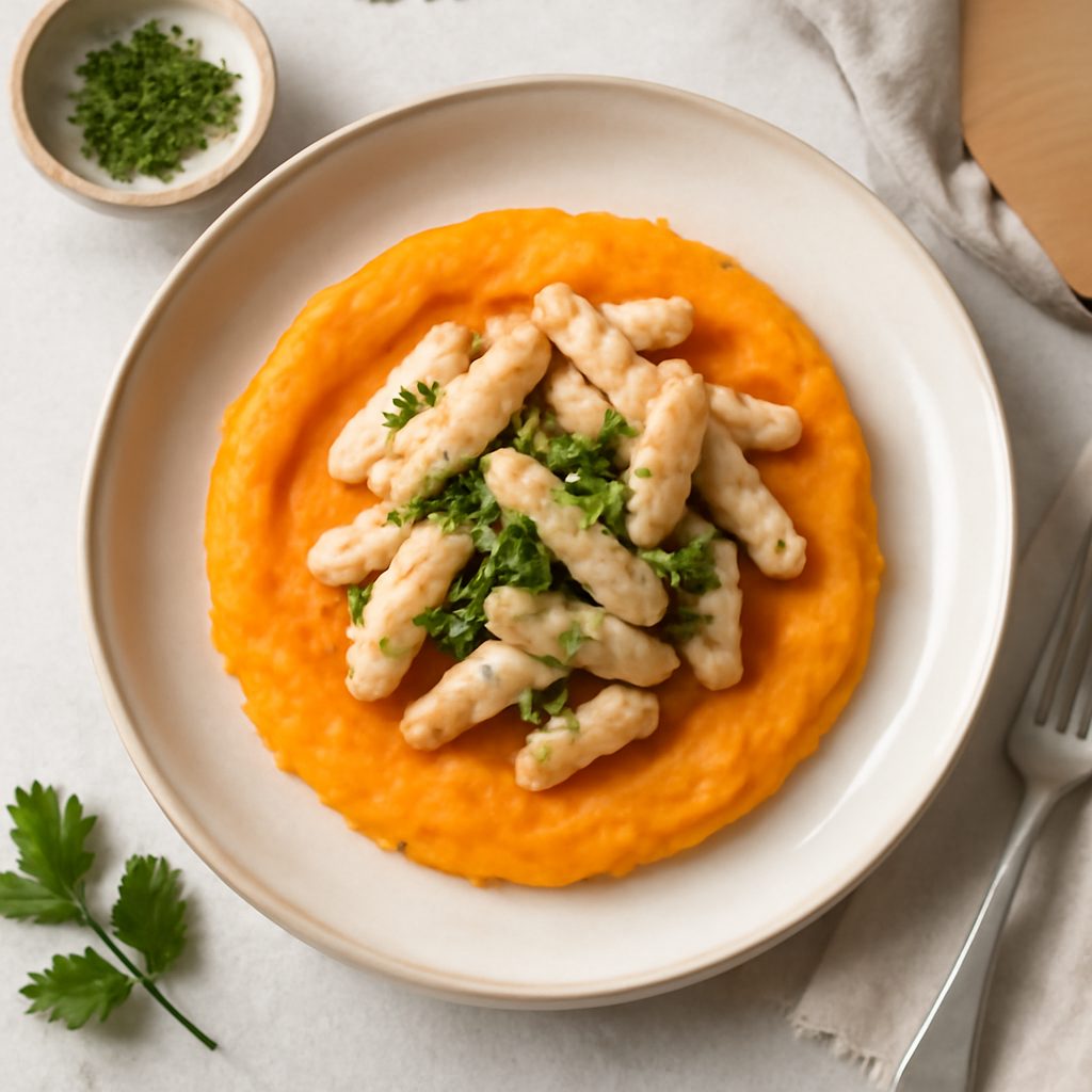 Straccetti di pollo con purea di carote e mela
