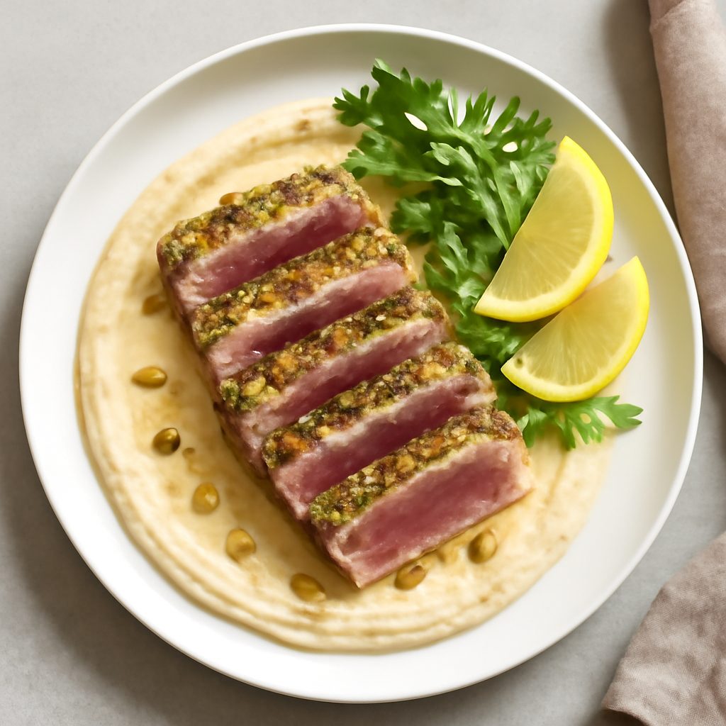 Tagliata di tonno ai pistacchi con crema di ceci Low Carb