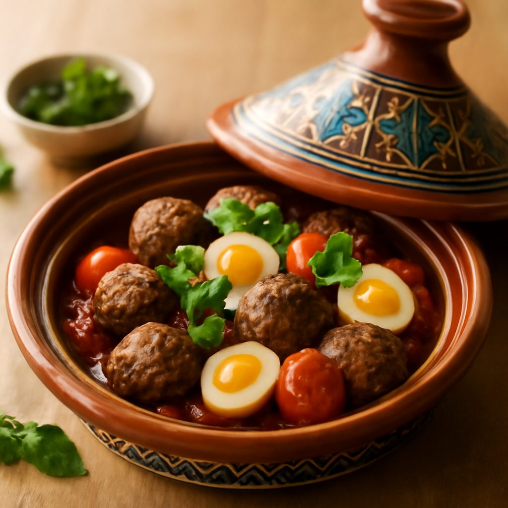 Tajine di polpettine di manzo con uova di quaglia e pomodorini