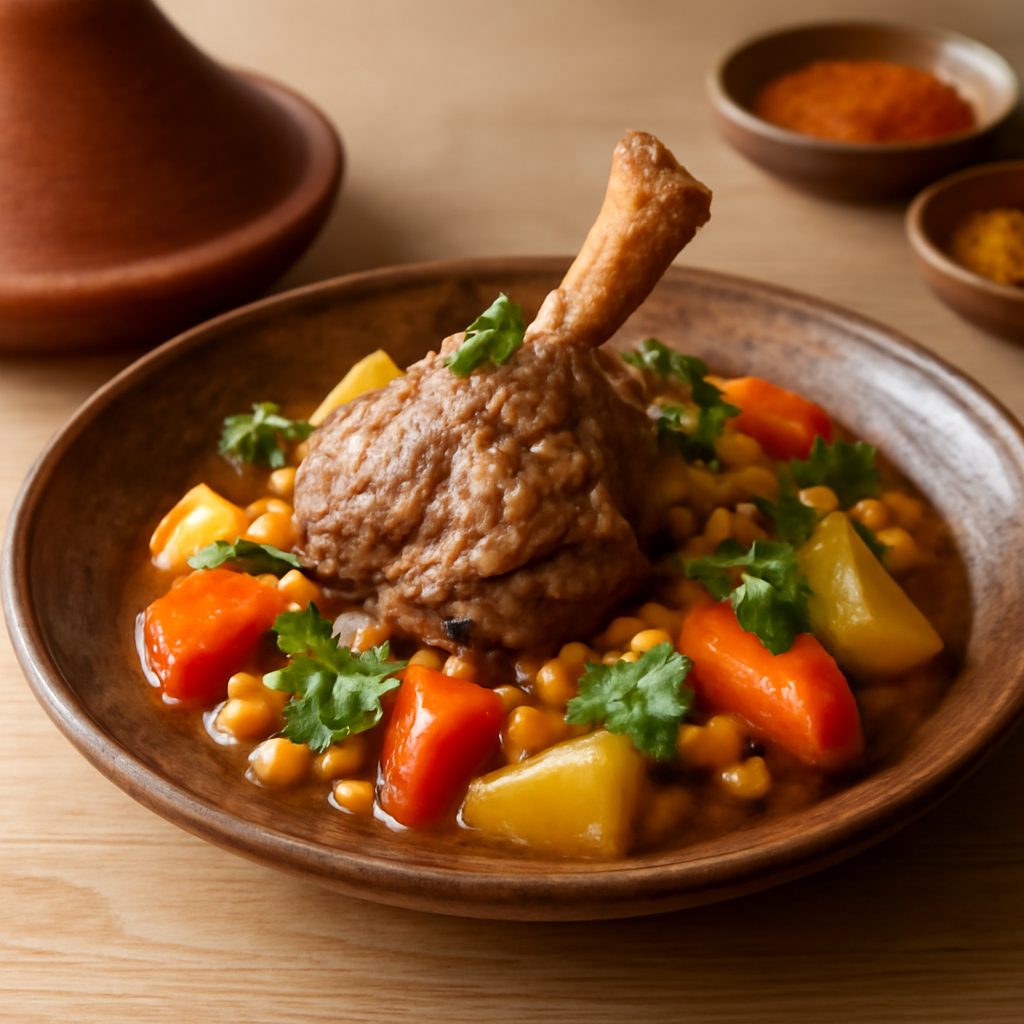 Tajine di spalla d'agnello marocchino light con melanzane e ceci