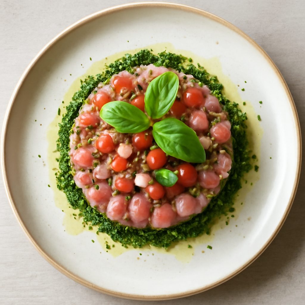 Tartare di palamita proteica con cipolle caramellate fit e limone
