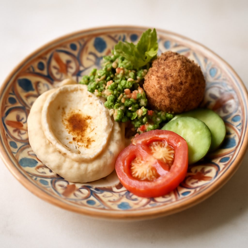 Tavolozza orientale light con hummus di pistacchio, pita integrale e carote harissa