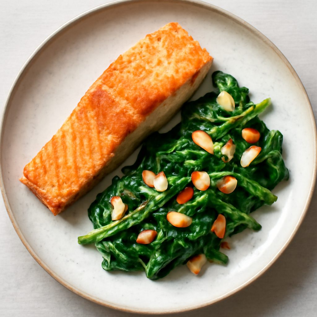 Trancio di salmone, spinaci e mandorle