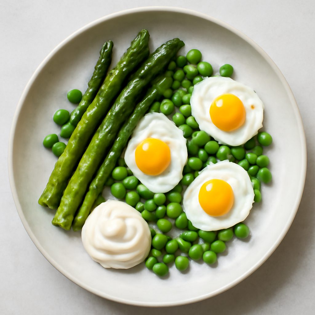 Uova di quaglia, piselli e asparagi con maionese proteica low-carb