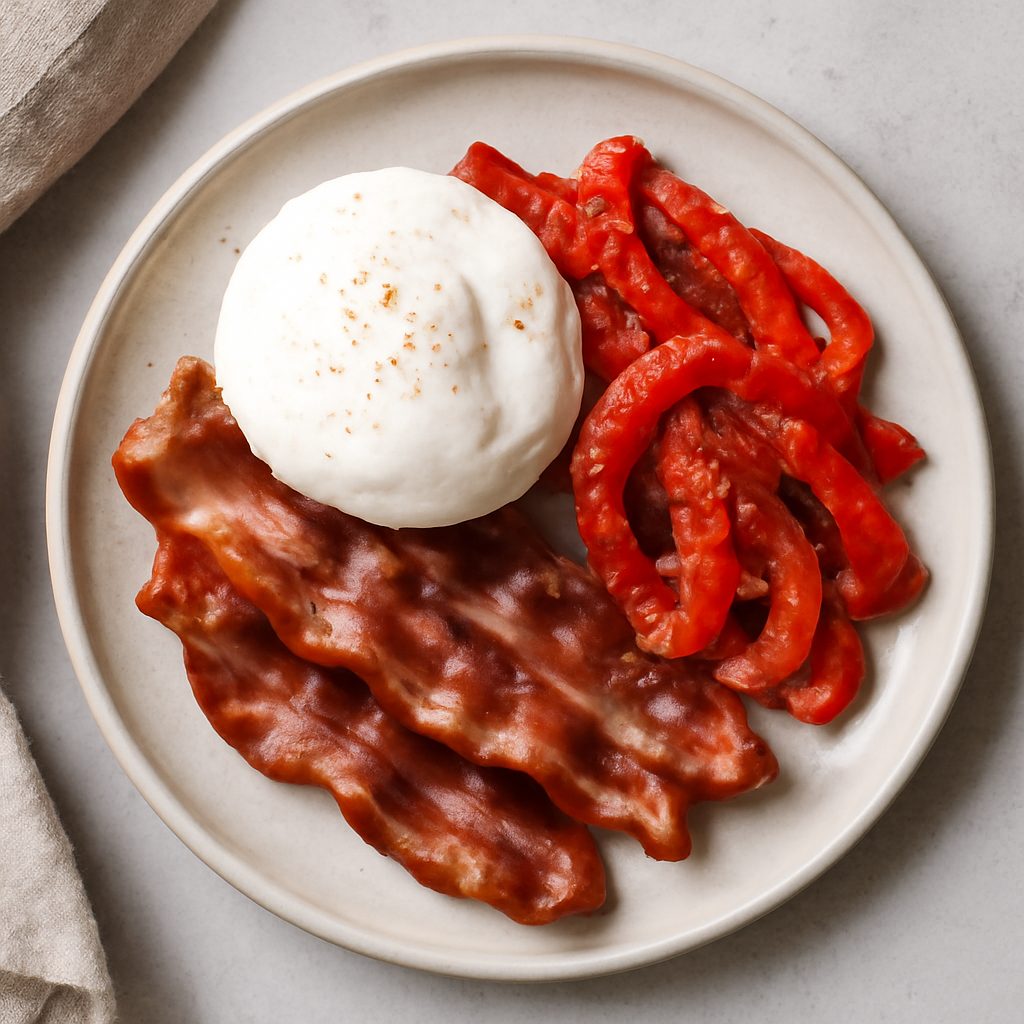 Uova in camicia proteiche con pancetta e peperoni arrostiti low-carb
