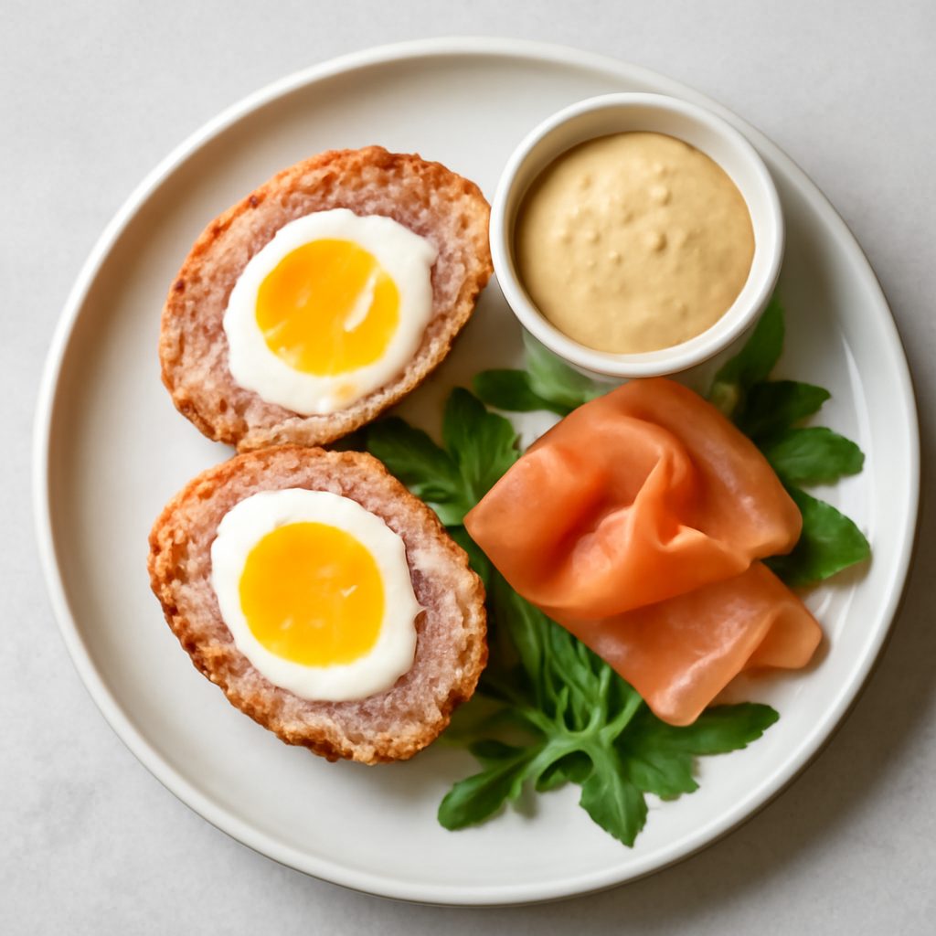 Uova scozzesi proteiche con salmone e salsa alla senape low-carb