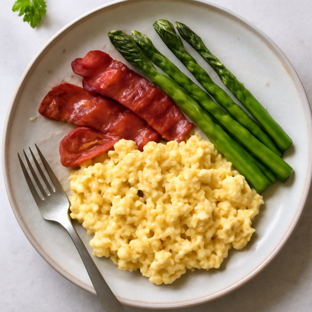 Uova strapazzate proteiche con asparagi e bacon low-carb