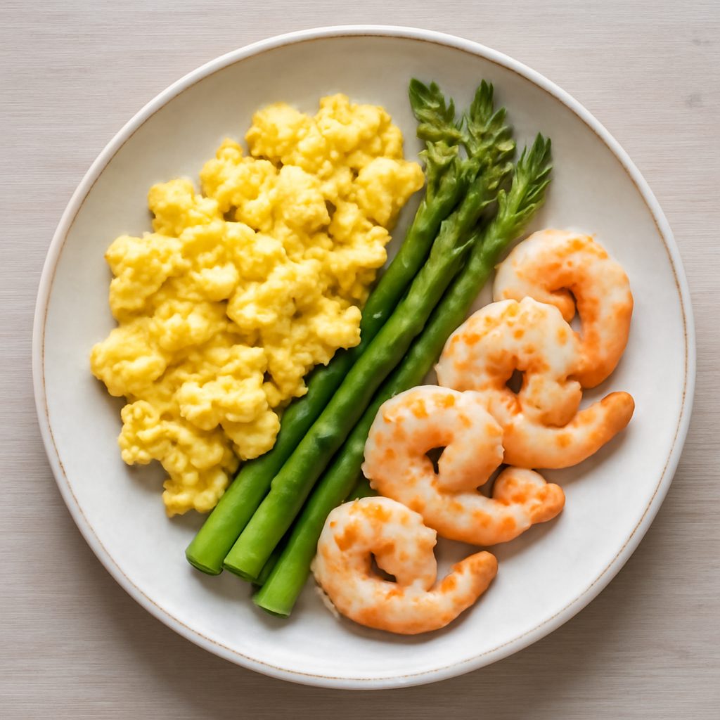 Uova strapazzate proteiche con asparagi e gamberi low-carb