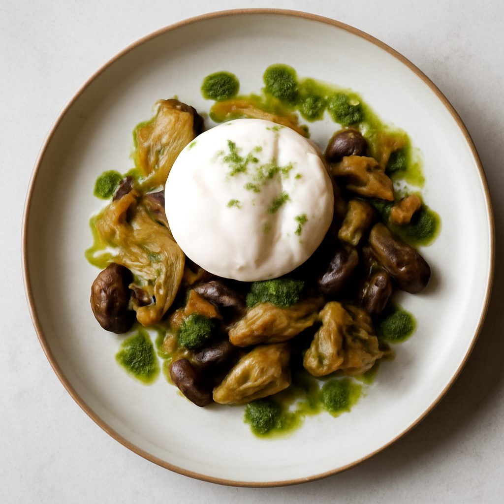 Uovo pochè con carciofi, funghi e salsa