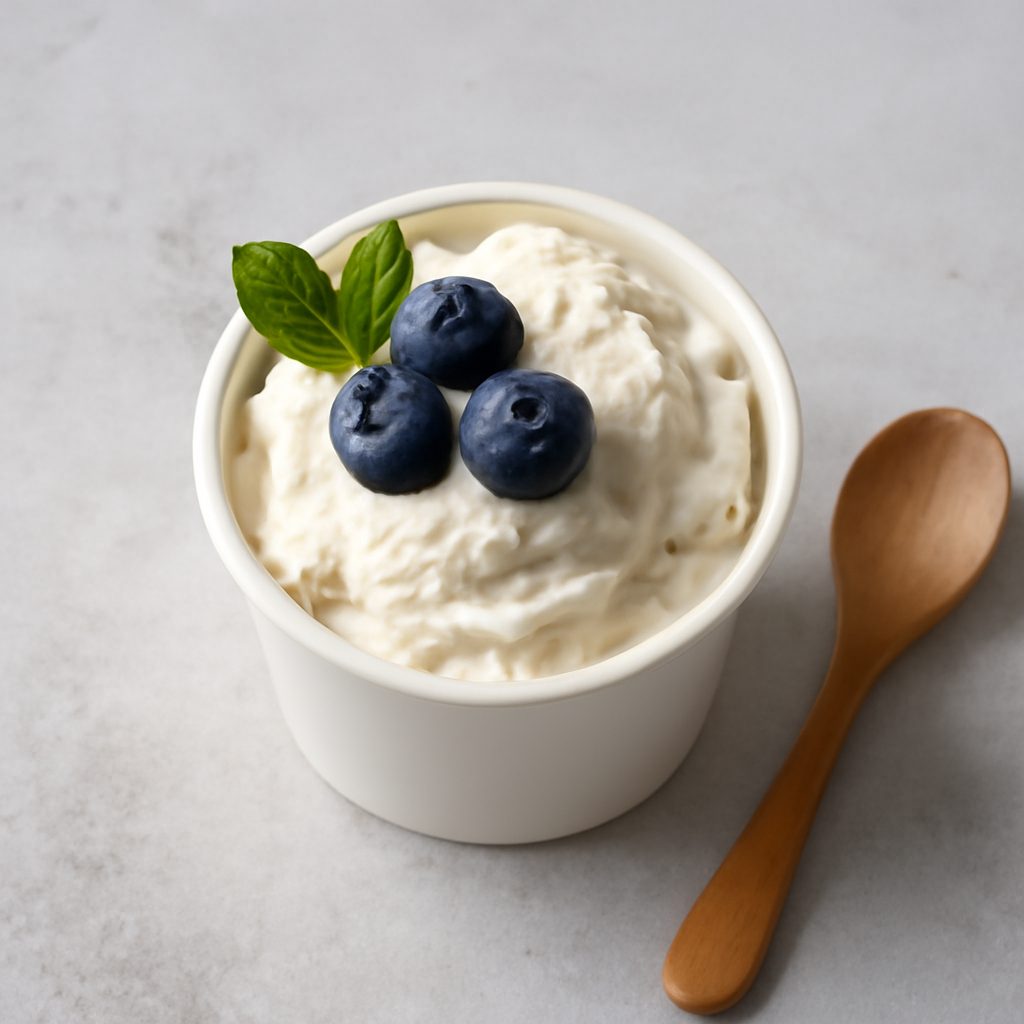 Vasetto di gelato proteico alla panna cotta con mirtilli low-carb