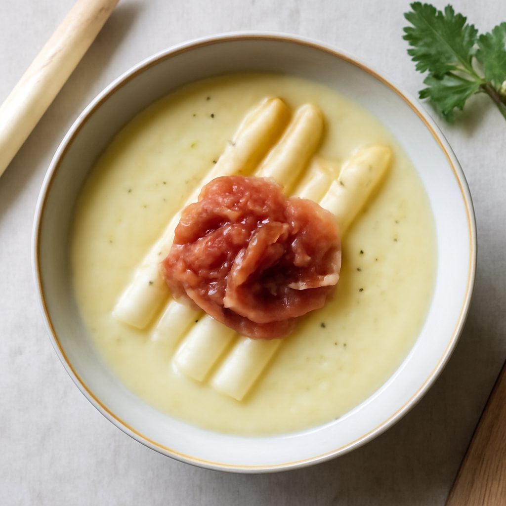 Vellutata di asparagi bianchi e prosciutto crudo proteica low-carb