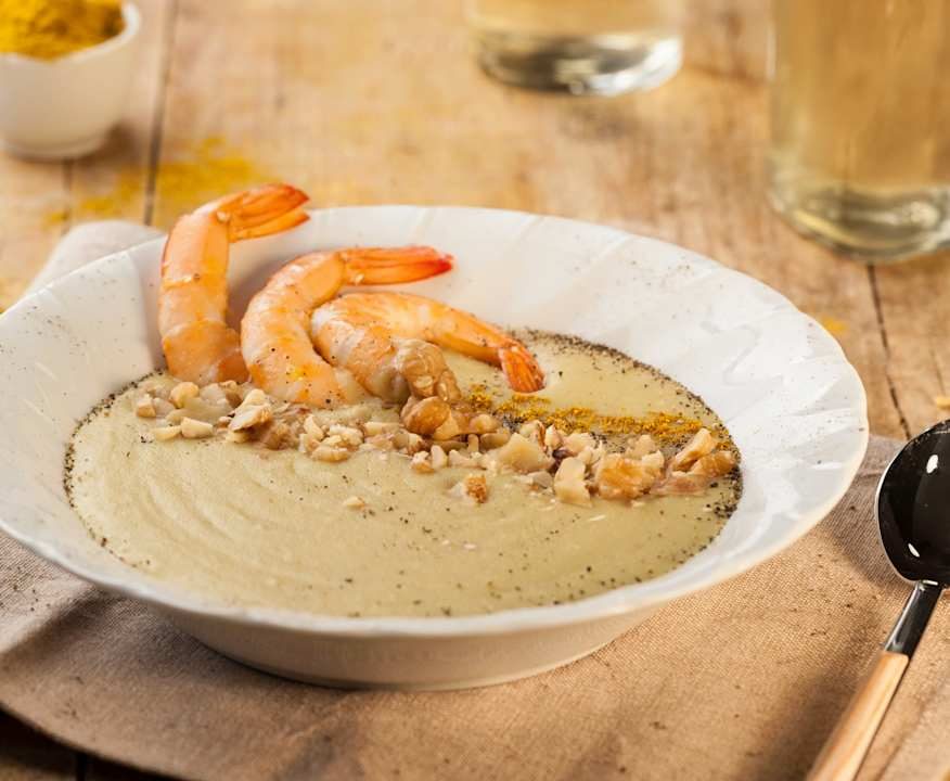 Vellutata di patate, cannellini, curry e mazzancolle (senza glutine) Protein