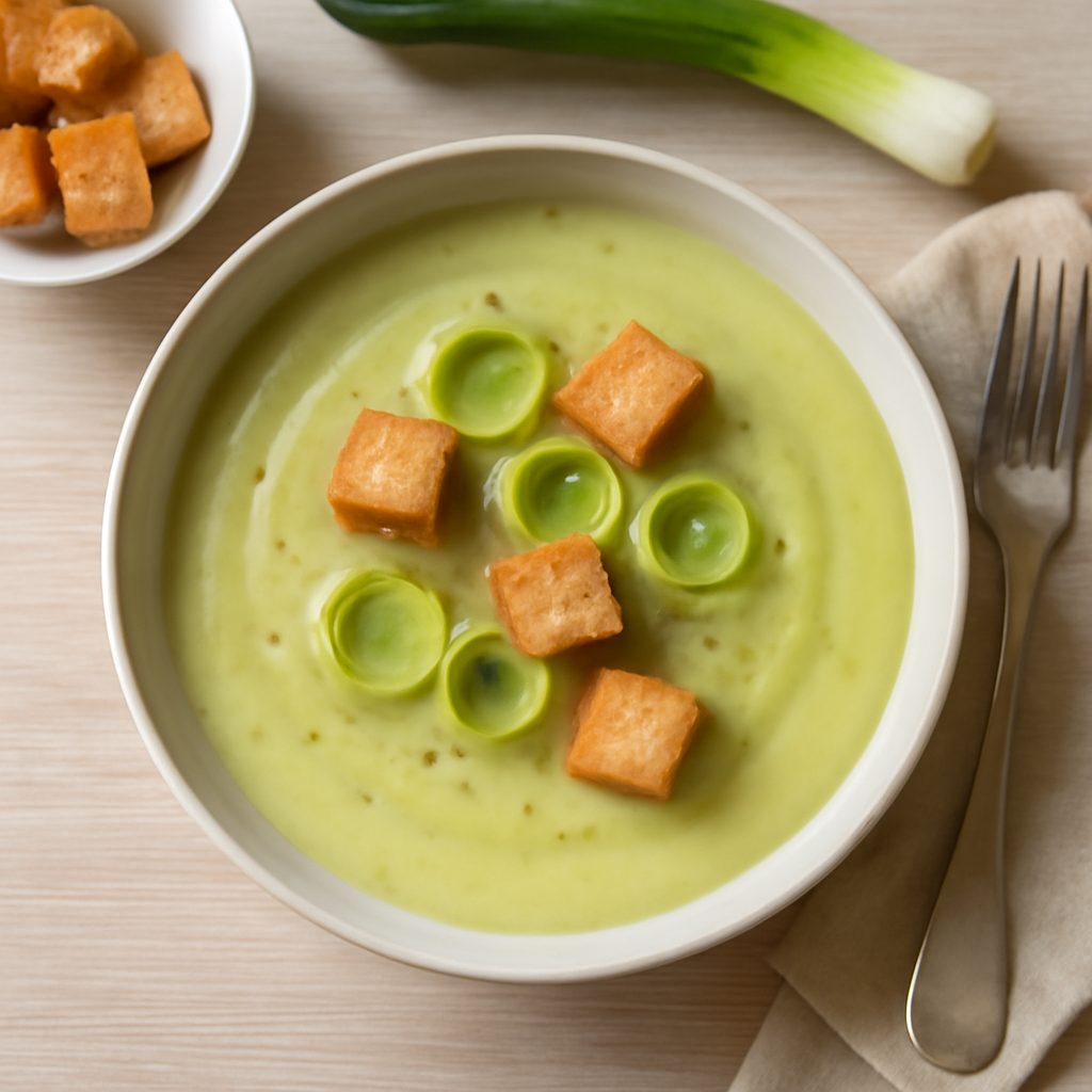 Vellutata di porri proteica low-carb con manzo e yogurt greco