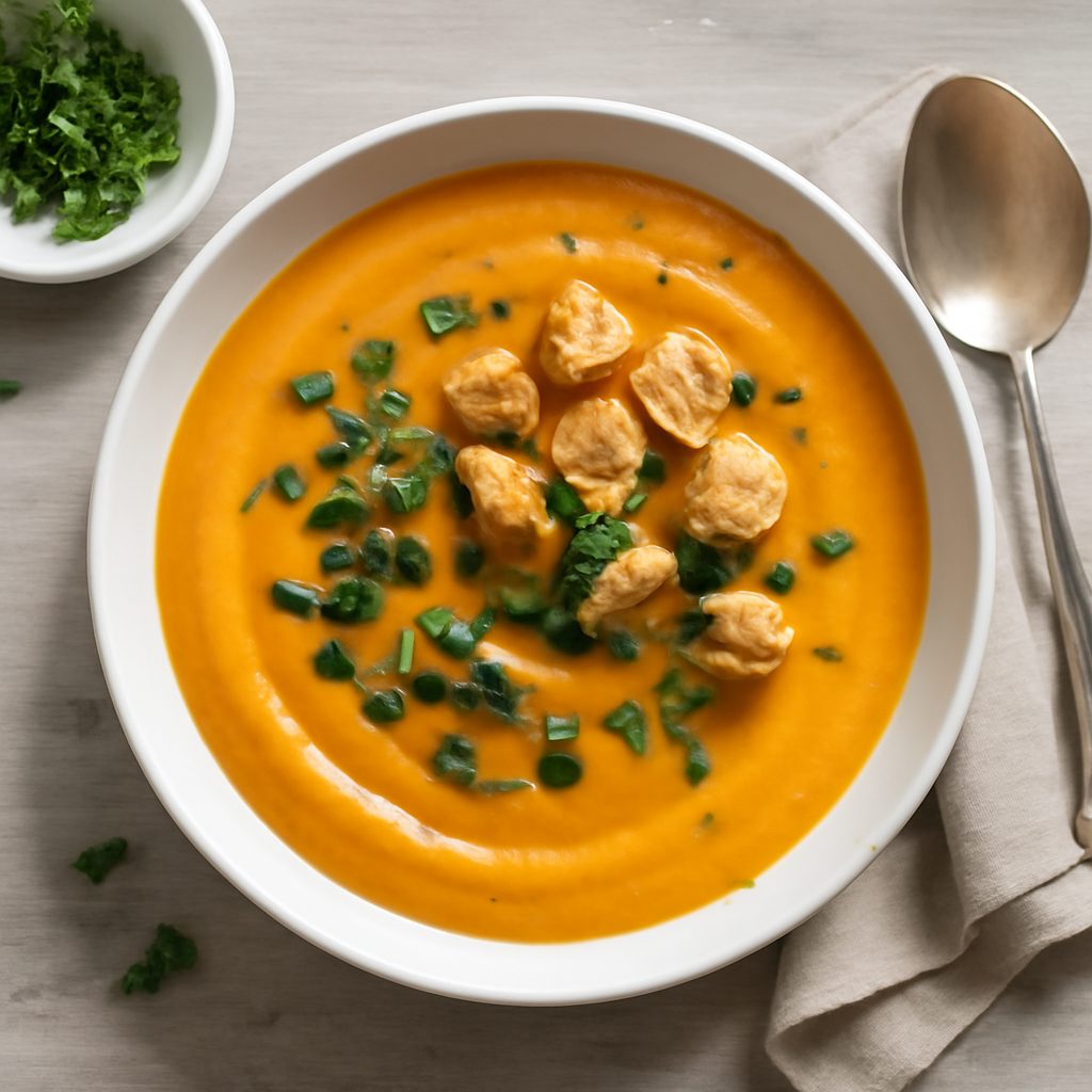 Vellutata di zucca e patate proteica low-carb con gamberi