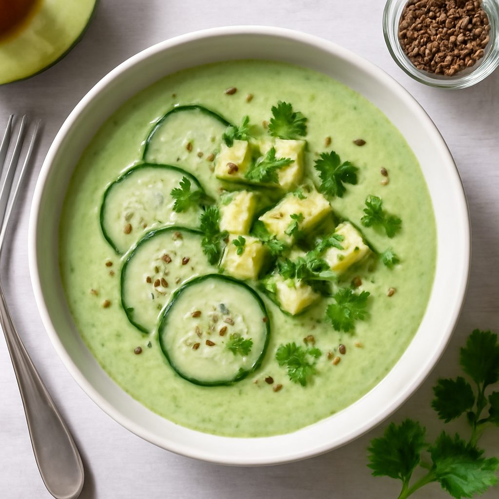 Vellutata fredda avocado, cetrioli e cumino proteica low-carb